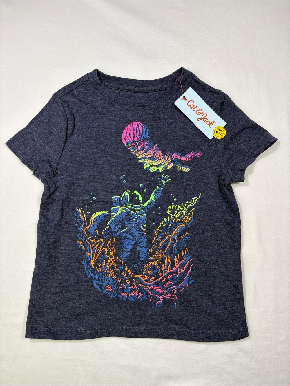 NWT Cat & Jack Navy Short-Sleeve Neon Accents Astronaut Graphic Tee | XS 5/6